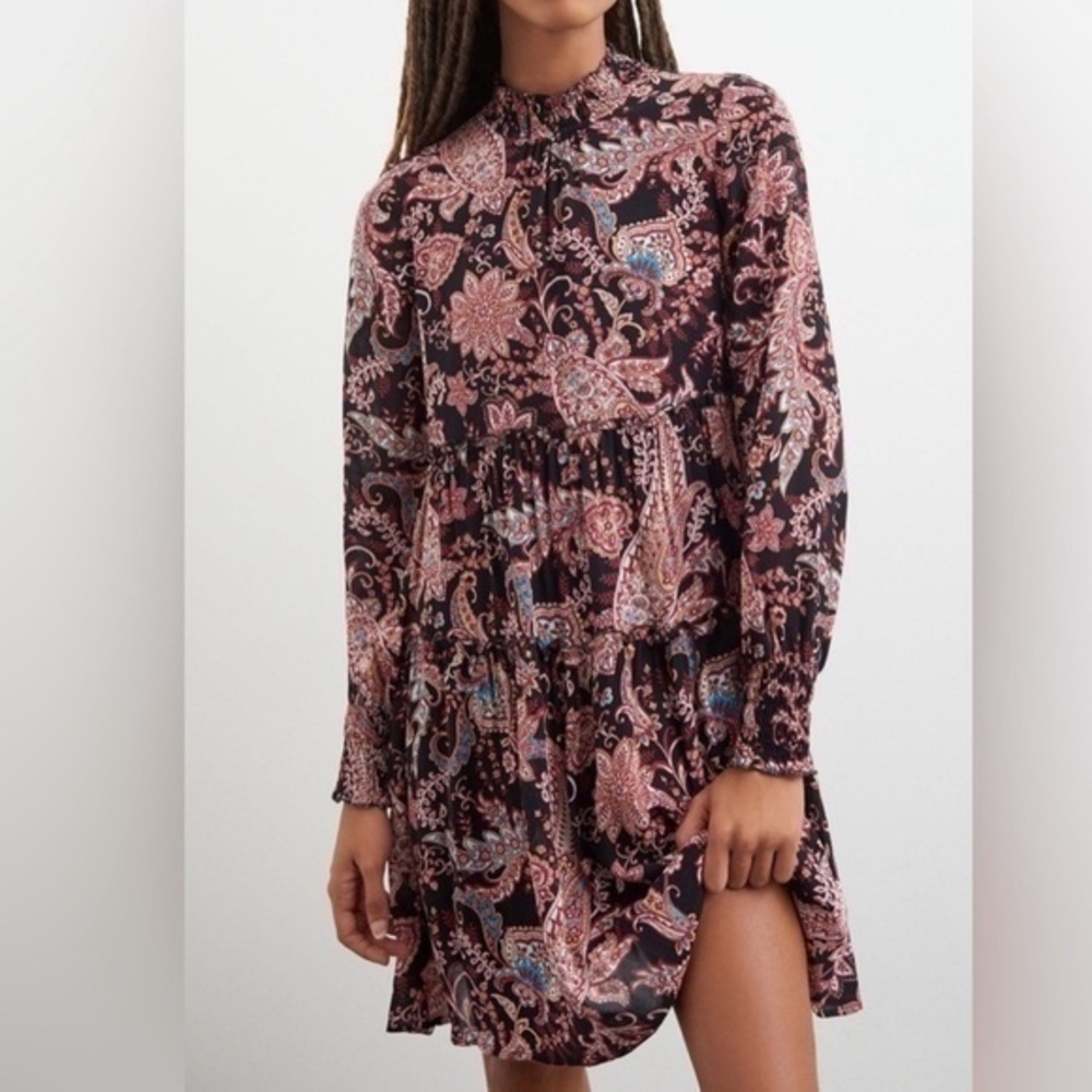 Anthropologie Cady Tiered Paisley Boho Mock Neck Tunic‎ Dress Red Medium